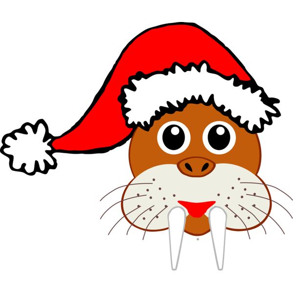 Walrus 001 Head Cartoon Brown with Santa hat Vignette